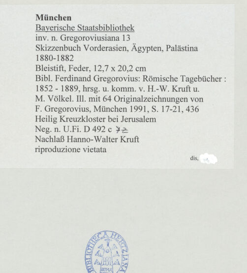 Rückseite von Bibliotheca Hertziana [https://www.deutsche-digitale-bibliothek.de/content/lizenzen/rv-ez/] Skizzenbuch Vorderasien, Ägypten, PalästinaJerusalem, Heiligkreuzklosters - , bh530729_recto. Foto.