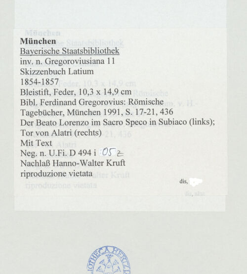 Rückseite von Bibliotheca Hertziana [https://www.deutsche-digitale-bibliothek.de/content/lizenzen/rv-ez/] Skizzenbuch LatiumBeato (San) Lorenzo im Sacro Speco in Subiaco; Tor von Alatri - oben, bh530731_recto. Foto.