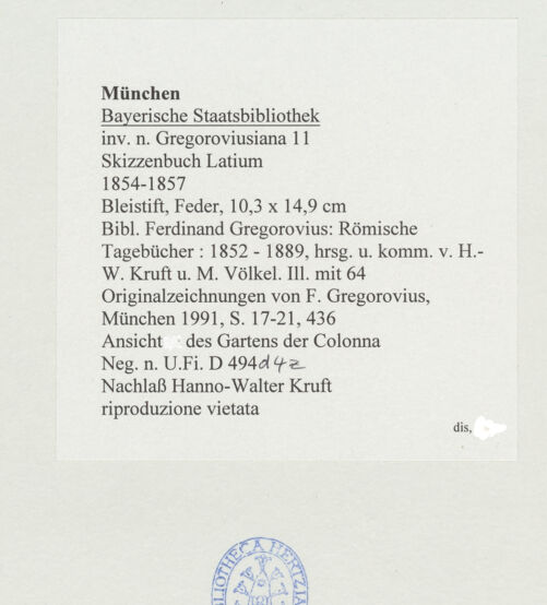 Rückseite von Bibliotheca Hertziana [https://www.deutsche-digitale-bibliothek.de/content/lizenzen/rv-ez/] Skizzenbuch LatiumAnsicht des Gartens der Colonna (Torre delle Milizie im Hintergrund) - , bh530734_recto. Foto.