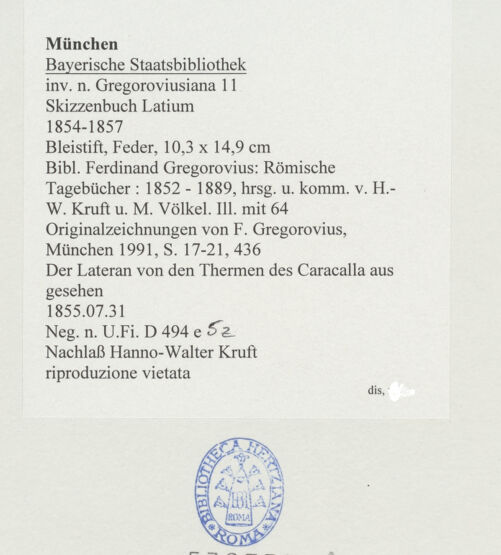 Rückseite von Bibliotheca Hertziana [https://www.deutsche-digitale-bibliothek.de/content/lizenzen/rv-ez/] Skizzenbuch LatiumDer Lateran von den Thermen des Caracalla aus gesehen - , bh530735_recto. Foto.
