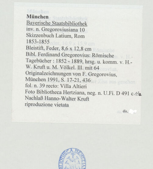 Rückseite von Bibliotheca Hertziana [https://www.deutsche-digitale-bibliothek.de/content/lizenzen/rv-ez/] Skizzenbuch Latium, RomRoma, Villa Altieri - , bh530799_recto. Foto.