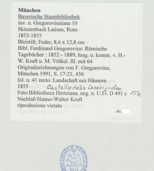 Rückseite von Bibliotheca Hertziana [https://www.deutsche-digitale-bibliothek.de/content/lizenzen/rv-ez/] Skizzenbuch Latium, RomRoma, (Castello della) Cecchignola - , bh530801_recto. Foto.