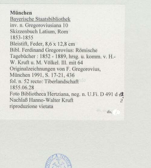 Rückseite von Bibliotheca Hertziana [https://www.deutsche-digitale-bibliothek.de/content/lizenzen/rv-ez/] Skizzenbuch Latium, RomRoma, Tiberlandschaft bei San Paolo fuori le Mura - , bh530811_recto. Foto.