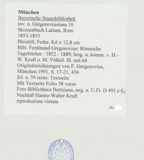 Rückseite von Bibliotheca Hertziana [https://www.deutsche-digitale-bibliothek.de/content/lizenzen/rv-ez/] Skizzenbuch Latium, RomTextseiten - , bh530817_recto. Foto.