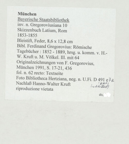 Rückseite von Bibliotheca Hertziana [https://www.deutsche-digitale-bibliothek.de/content/lizenzen/rv-ez/] Skizzenbuch Latium, RomTextseite - , bh530822_recto. Foto.