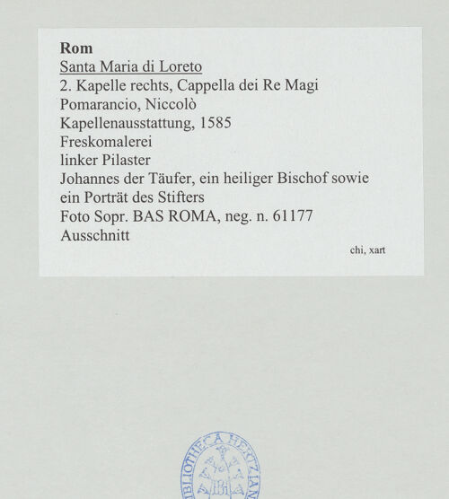 Rückseite von Sopr. BAS ROMA [https://rightsstatements.org/page/CNE/1.0/] KapellenausstattungJohannes der Täufer, ein heiliger Bischof sowie ein Porträt des Stifters - , bh530843_recto. Foto.