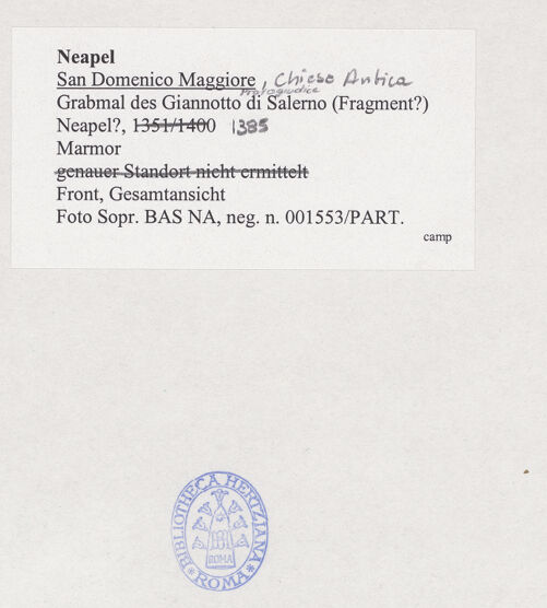 Rückseite von Sopr. BAS NA [https://www.deutsche-digitale-bibliothek.de/content/lizenzen/rv-ez/] Grabmal des Giannotto Protogiudice di Salerno (gest. 1385) - Sarkophagfront, bh531993_recto. Foto.