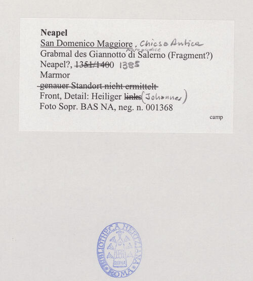 Rückseite von Sopr. BAS NA [https://www.deutsche-digitale-bibliothek.de/content/lizenzen/rv-ez/] Grabmal des Giannotto Protogiudice di Salerno (gest. 1385) - Sarkophagfront, Detail: Hl. Johannes, bh531994_recto. Foto.
