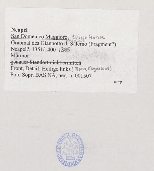 Rückseite von Sopr. BAS NA [https://www.deutsche-digitale-bibliothek.de/content/lizenzen/rv-ez/] Grabmal des Giannotto Protogiudice di Salerno (gest. 1385) - Sarkophagfront, Detail: Hl. Maria Magdalena, bh531996_recto. Foto.