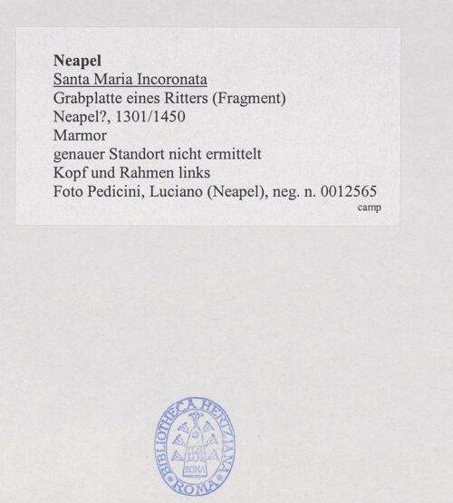 Rückseite von Pedicini, Luciano [https://www.deutsche-digitale-bibliothek.de/content/lizenzen/rv-ez/] Grabplatte eines Ritters (gest. 1383) - Kopf und Rahmen links, bh532014_recto. Foto: Pedicini, Luciano.