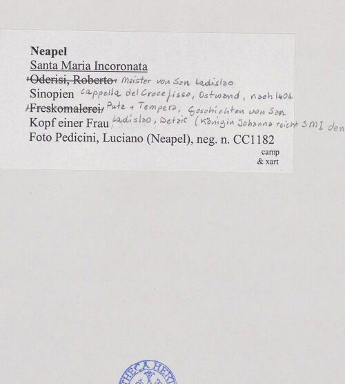 Rückseite von Pedicini, Luciano [https://www.deutsche-digitale-bibliothek.de/content/lizenzen/rv-ez/] Geschichten von San Ladislao. SinopienHeiliger Ladislaus verehrt die Stephanskrone. Einweihung der Santa Maria Incoronata - Weihung der Santa Maria Incoronata. Detail des Kopfes einer Frau, bh532462_recto. Foto: Pedicini, Luciano.