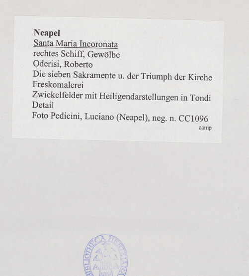 Rückseite von Pedicini, Luciano [https://www.deutsche-digitale-bibliothek.de/content/lizenzen/rv-fz/] Die sieben Sakramente und der Triumph der KircheZwickelfelder mit Heiligendarstellungen in Tondi - Zwickel: Heiliger oder Apostel, bh532501_recto. Foto: Pedicini, Luciano.
