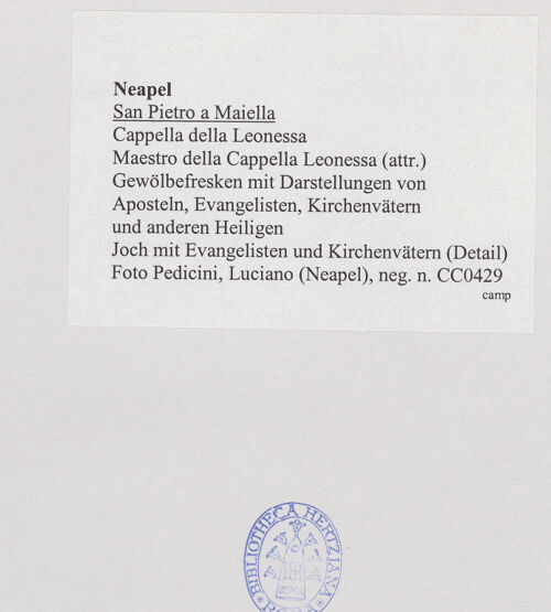 Rückseite von Pedicini, Luciano [https://www.deutsche-digitale-bibliothek.de/content/lizenzen/rv-ez/] Gewölbedekoration mit Darstellungen von Aposteln, Evangelisten, Kirchenvätern und anderen HeiligenEvangelisten und Kirchenvätern - Heiliger Gregor der Große, bh532573_recto. Foto: Pedicini, Luciano.