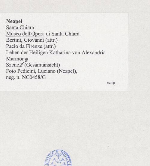 Rückseite von Pedicini, Luciano [https://www.deutsche-digitale-bibliothek.de/content/lizenzen/rv-ez/] Szenen aus dem Leben der heiligen Katharina von Alexandrien - Szene 8: Katharina bekehrt die Kaiserin zum Christentum; das Martyrium der Kaiserin und ihrer Gefährtinnen, bh532596_recto. Foto: Pedicini, Luciano.