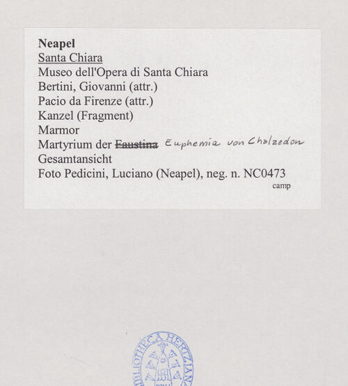 Rückseite von Pedicini, Luciano [https://www.deutsche-digitale-bibliothek.de/content/lizenzen/rv-ez/] KanzelMartyrium der heiligen Euphemia von Chalkedon - Gesamtansicht, bh532606_recto. Foto: Pedicini, Luciano.