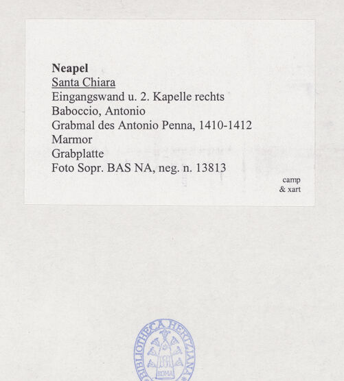 Rückseite von Sopr. BAS NA [https://www.deutsche-digitale-bibliothek.de/content/lizenzen/rv-ez/] Grabmal für Antonio (und Onofrio) PennaAntonio Penna - Gesamtansicht, bh532668_recto. Foto.