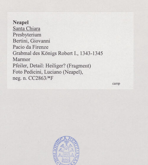 Rückseite von Pedicini, Luciano [https://www.deutsche-digitale-bibliothek.de/content/lizenzen/rv-ez/] Grabmal des Königs Robert I.Heiligen und Propheten - Pfeiler, Detail: Heiliger? (Fragment), bh532689_recto. Foto: Pedicini, Luciano.