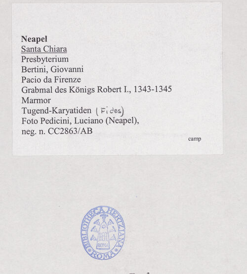 Rückseite von Pedicini, Luciano [https://www.deutsche-digitale-bibliothek.de/content/lizenzen/rv-ez/] Grabmal des Königs Robert I.Untere Hälfte: Karyatiden, Sarkophag und GrabkammerLinker Pfeiler mit Tugenden - Fides, bh532697_recto. Foto: Pedicini, Luciano.