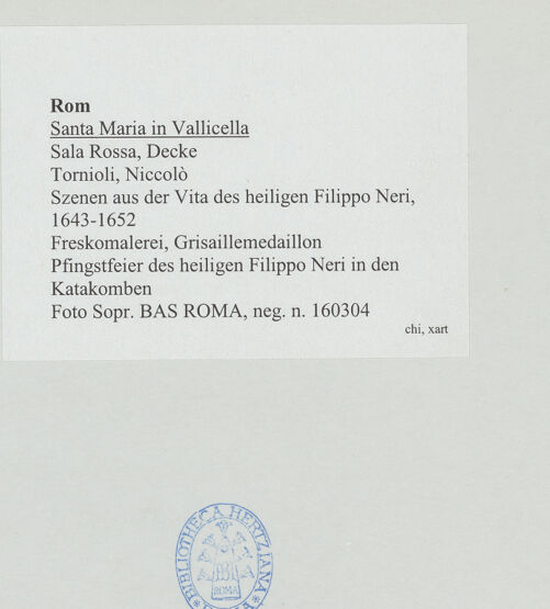 Rückseite von Sopr. BAS ROMA [https://www.deutsche-digitale-bibliothek.de/content/lizenzen/rv-ez/] Szenen aus der Vita des heiligen Filippo NeriPfingstfeier des heiligen Filippo Neri in den Katakomben - , bh533596_recto. Foto.