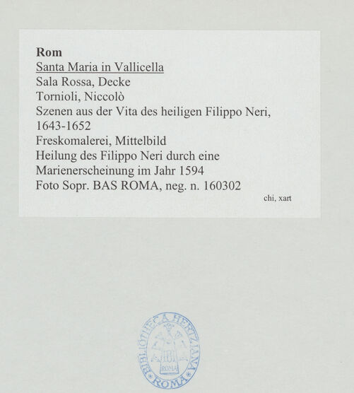 Rückseite von Sopr. BAS ROMA [https://www.deutsche-digitale-bibliothek.de/content/lizenzen/rv-ez/] Szenen aus der Vita des heiligen Filippo NeriHeilung des Filippo Neri durch eine Marienerscheinung im Jahr 1594 - , bh533599_recto. Foto.