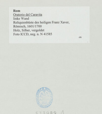 Rückseite von ICCD [https://rightsstatements.org/page/CNE/1.0/] Reliquienbüste des heiligen Franz Xaver - , bh533989_recto. Foto.