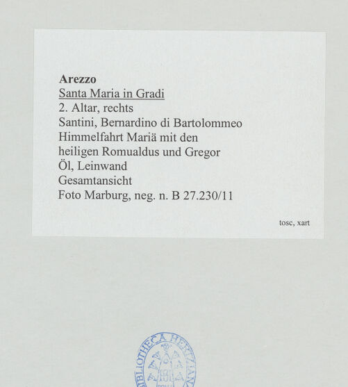 Rückseite von Foto Marburg [https://www.deutsche-digitale-bibliothek.de/content/lizenzen/rv-ez/] Himmelfahrt Mariä mit den heiligen Romualdus und Gregorius - Gesamtansicht, bh534217_recto. Foto: Gloc, Jan.