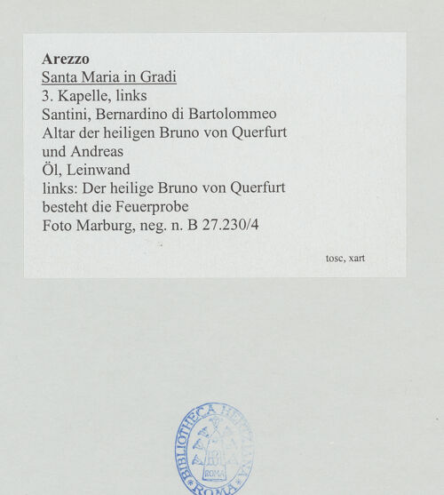 Rückseite von Foto Marburg [https://www.deutsche-digitale-bibliothek.de/content/lizenzen/rv-ez/] Altar der heiligen Bruno von Querfurt und AndreasDer heilige Bruno von Querfurt besteht die Feuerprobe - Gesamtansicht, bh534220_recto. Foto: Gloc, Jan.