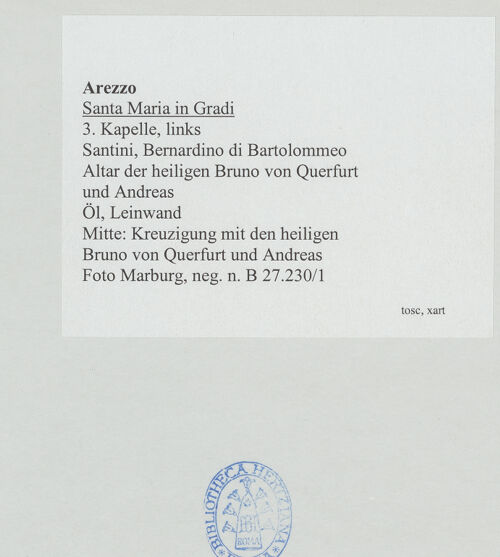 Rückseite von Foto Marburg [https://www.deutsche-digitale-bibliothek.de/content/lizenzen/rv-ez/] Altar der heiligen Bruno von Querfurt und AndreasKreuzigung mit den heiligen Bruno von Querfurt und Andreas - Gesamtansicht, bh534221_recto. Foto: Gloc, Jan.