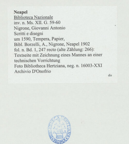 Rückseite von Bibliotheca Hertziana [http://creativecommons.org/publicdomain/mark/1.0/] Scritti e disegniTextseite mit Zeichnung eines Mannes an einer technischen Vorrichtung - , bh534310_recto. Foto: D'Onofrio, Cesare.