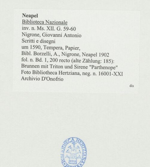 Rückseite von Bibliotheca Hertziana [http://creativecommons.org/publicdomain/mark/1.0/] Scritti e disegniBrunnen mit Triton und Sirene "Parthenope" - , bh534312_recto. Foto: D'Onofrio, Cesare.