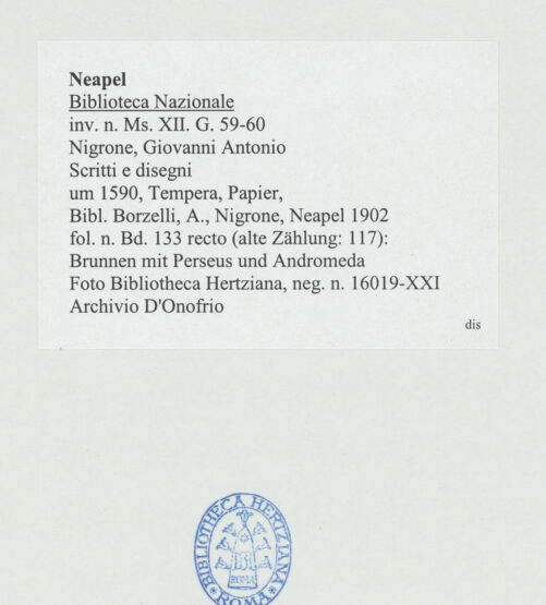 Rückseite von Bibliotheca Hertziana [http://creativecommons.org/publicdomain/mark/1.0/] Scritti e disegniBrunnen mit Perseus und Andromeda - , bh534329_recto. Foto: D'Onofrio, Cesare.