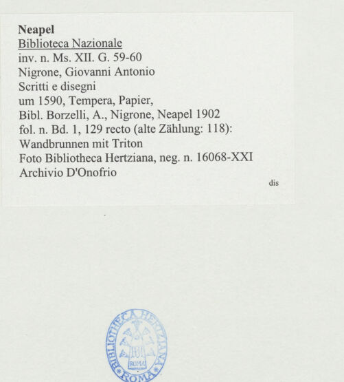 Rückseite von Bibliotheca Hertziana [http://creativecommons.org/publicdomain/mark/1.0/] Scritti e disegniWandbrunnen mit Triton - , bh534332_recto. Foto: D'Onofrio, Cesare.