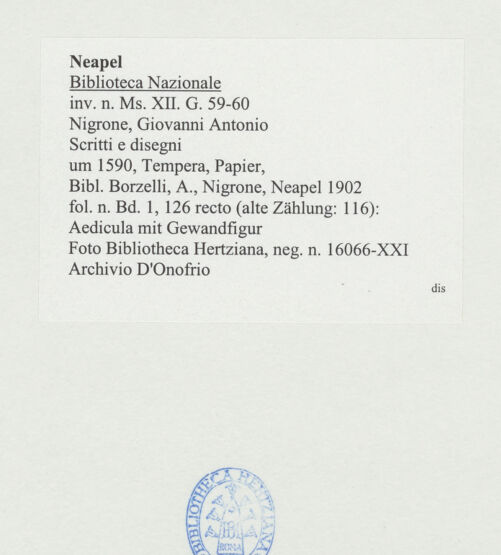 Rückseite von Bibliotheca Hertziana [http://creativecommons.org/publicdomain/mark/1.0/] Scritti e disegniAedikula mit Gewandfigur - , bh534334_recto. Foto: D'Onofrio, Cesare.