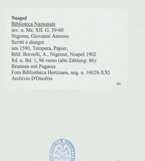 Rückseite von Bibliotheca Hertziana [http://creativecommons.org/publicdomain/mark/1.0/] Scritti e disegniBrunnen mit Pegasus - , bh534347_recto. Foto: D'Onofrio, Cesare.