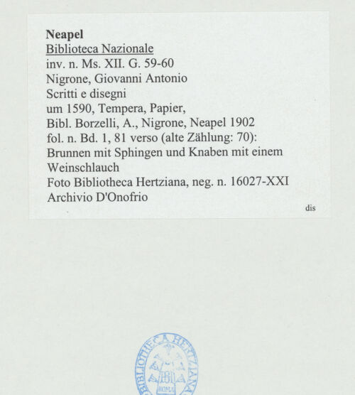 Rückseite von Bibliotheca Hertziana [http://creativecommons.org/publicdomain/mark/1.0/] Scritti e disegniBrunnen mit Sphingen und Knaben mit einem Weinschlauch - , bh534355_recto. Foto: D'Onofrio, Cesare.