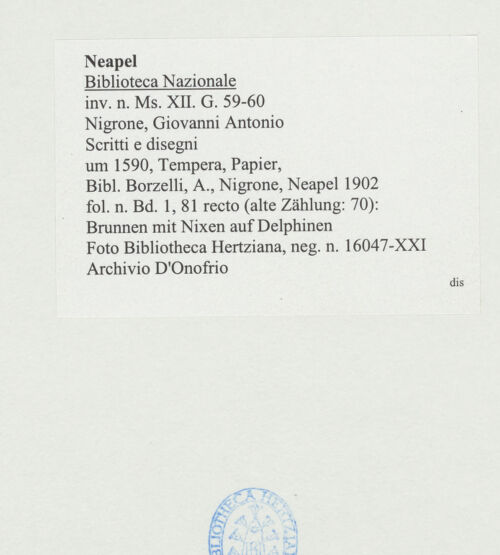 Rückseite von Bibliotheca Hertziana [http://creativecommons.org/publicdomain/mark/1.0/] Scritti e disegniBrunnen mit Nixen auf Delphinen - , bh534356_recto. Foto: D'Onofrio, Cesare.