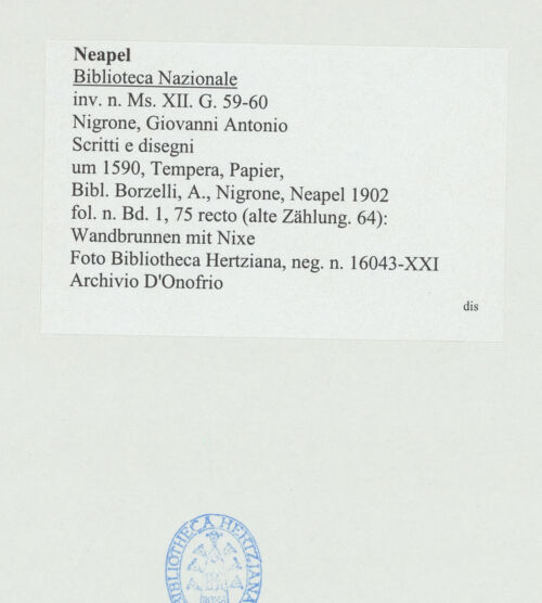 Rückseite von Bibliotheca Hertziana [http://creativecommons.org/publicdomain/mark/1.0/] Scritti e disegniWandbrunnen mit Nixe - , bh534361_recto. Foto: D'Onofrio, Cesare.