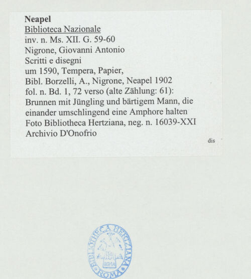 Rückseite von Bibliotheca Hertziana [http://creativecommons.org/publicdomain/mark/1.0/] Scritti e disegniBrunnen mit Jüngling und bärtigem Mann, die einander umschlingend eine Amphore halten - , bh534363_recto. Foto: D'Onofrio, Cesare.