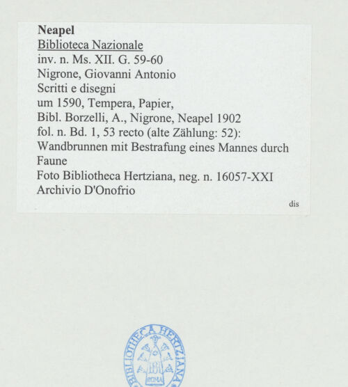 Rückseite von Bibliotheca Hertziana [http://creativecommons.org/publicdomain/mark/1.0/] Scritti e disegniWandbrunnen mit Bestrafung eines Mannes durch Faune - , bh534372_recto. Foto: D'Onofrio, Cesare.