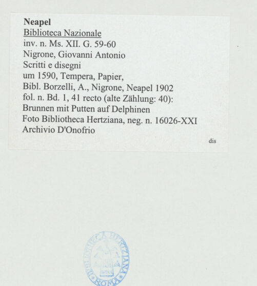 Rückseite von Bibliotheca Hertziana [http://creativecommons.org/publicdomain/mark/1.0/] Scritti e disegniBrunnen mit Putten auf Delphinen - , bh534385_recto. Foto: D'Onofrio, Cesare.