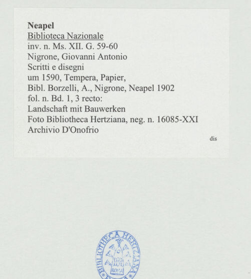 Rückseite von Bibliotheca Hertziana [http://creativecommons.org/publicdomain/mark/1.0/] Scritti e disegniLandschaft mit Bauwerken - , bh534405_recto. Foto: D'Onofrio, Cesare.