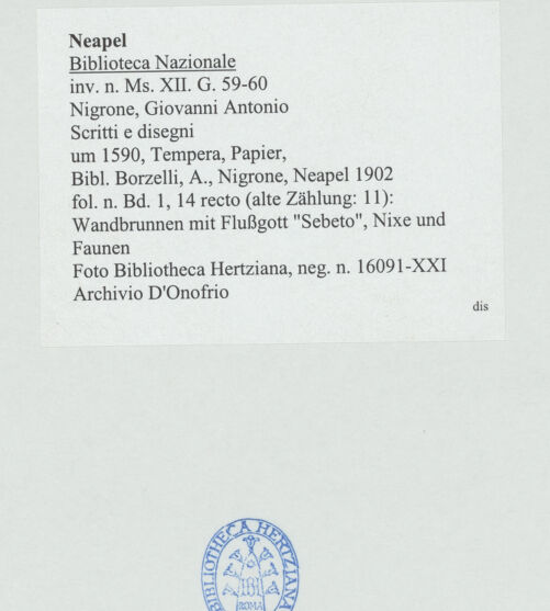 Rückseite von Bibliotheca Hertziana [http://creativecommons.org/publicdomain/mark/1.0/] Scritti e disegniWandbrunnen mit Flussgott "Sebeto", Nixe und Faunen - , bh534406_recto. Foto: D'Onofrio, Cesare.