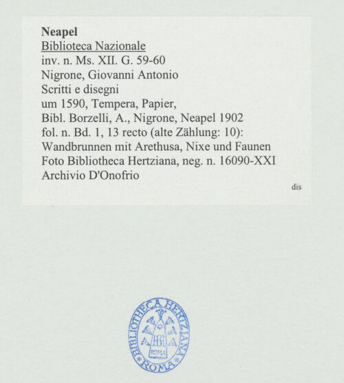 Rückseite von Bibliotheca Hertziana [http://creativecommons.org/publicdomain/mark/1.0/] Scritti e disegniWandbrunnen mit Arethusa, Nixe und Faunen - , bh534407_recto. Foto: D'Onofrio, Cesare.