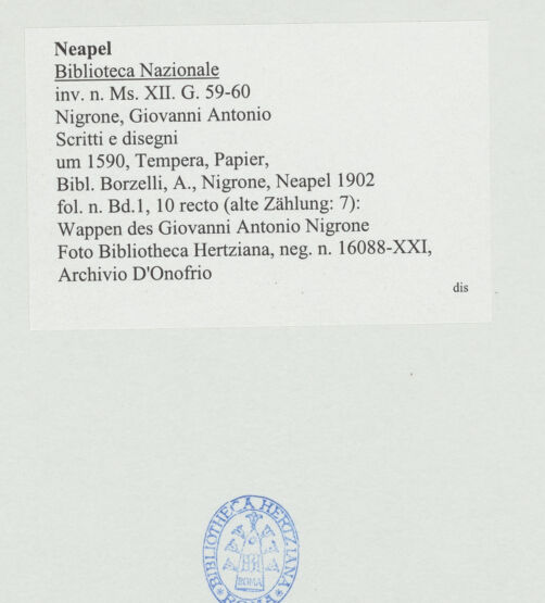 Rückseite von Bibliotheca Hertziana [http://creativecommons.org/publicdomain/mark/1.0/] Scritti e disegniWappen des Giovanni Antonio Nigrone - , bh534409_recto. Foto: D'Onofrio, Cesare.