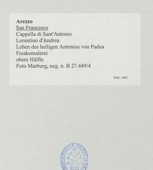 Rückseite von Foto Marburg [https://www.deutsche-digitale-bibliothek.de/content/lizenzen/rv-ez/] Heimsuchung; der heilige Antonius von Padua und Szenen aus seinem Leben - Obere Hälfte des Freskos, bh534512_recto. Foto: Haag, Paul.
