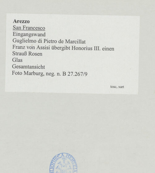 Rückseite von Foto Marburg [https://www.deutsche-digitale-bibliothek.de/content/lizenzen/rv-ez/] Franz von Assisi übergibt Honorius III. einen Strauß Rosen - Gesamtansicht, bh534523_recto. Foto: Gloc, Jan.