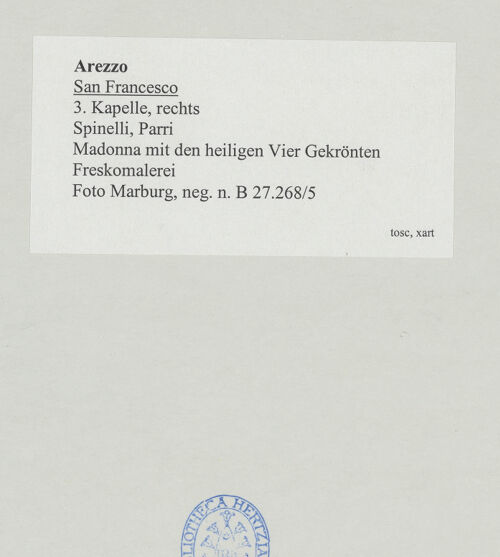 Rückseite von Foto Marburg [https://www.deutsche-digitale-bibliothek.de/content/lizenzen/rv-ez/] Rekonstruierte Kapelle (Cappella ricostruita)Madonna mit den heiligen Vier Gekrönten und Szenen aus ihrem Leben - Madonna und zwei der heiligen Vier Gekrönten, bh534534_recto. Foto: Gloc, Jan.