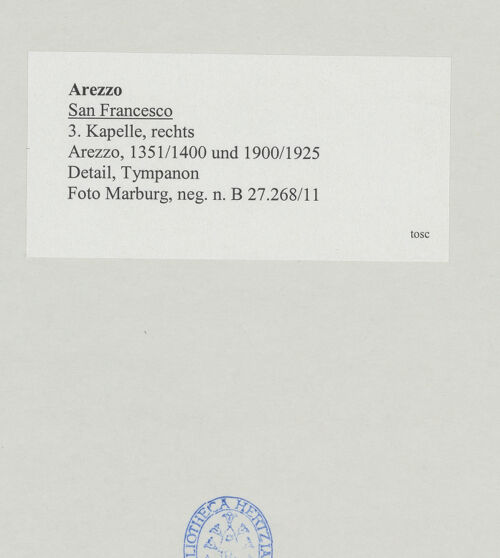 Rückseite von Foto Marburg [https://www.deutsche-digitale-bibliothek.de/content/lizenzen/rv-ez/] Rekonstruierte Kapelle (Cappella ricostruita)Baldachin mit segnendem Christus - Detail, Giebel mit segnendem Christus, bh534535_recto. Foto: Gloc, Jan.