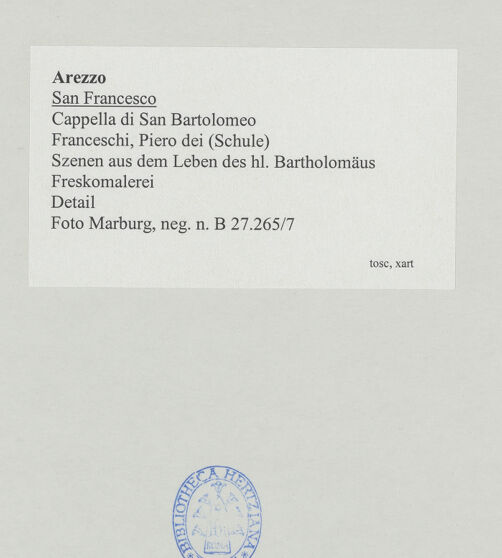 Rückseite von Foto Marburg [https://www.deutsche-digitale-bibliothek.de/content/lizenzen/rv-ez/] Szenen aus dem Leben des heiligen Bartholomäus - Detail: Bartholomäus wird gehäutet (?), bh534549_recto. Foto: Gloc, Jan.