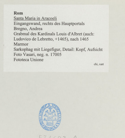 Rückseite von Vasari [https://www.deutsche-digitale-bibliothek.de/content/lizenzen/rv-ez/] Grabmal des Kardinals Louis d'Albret (auch: Ludovico de Lebretto, +1465)Sarkophag mit Liegefigur - Detail, Kopf, Aufsicht, bh534603_recto. Foto.